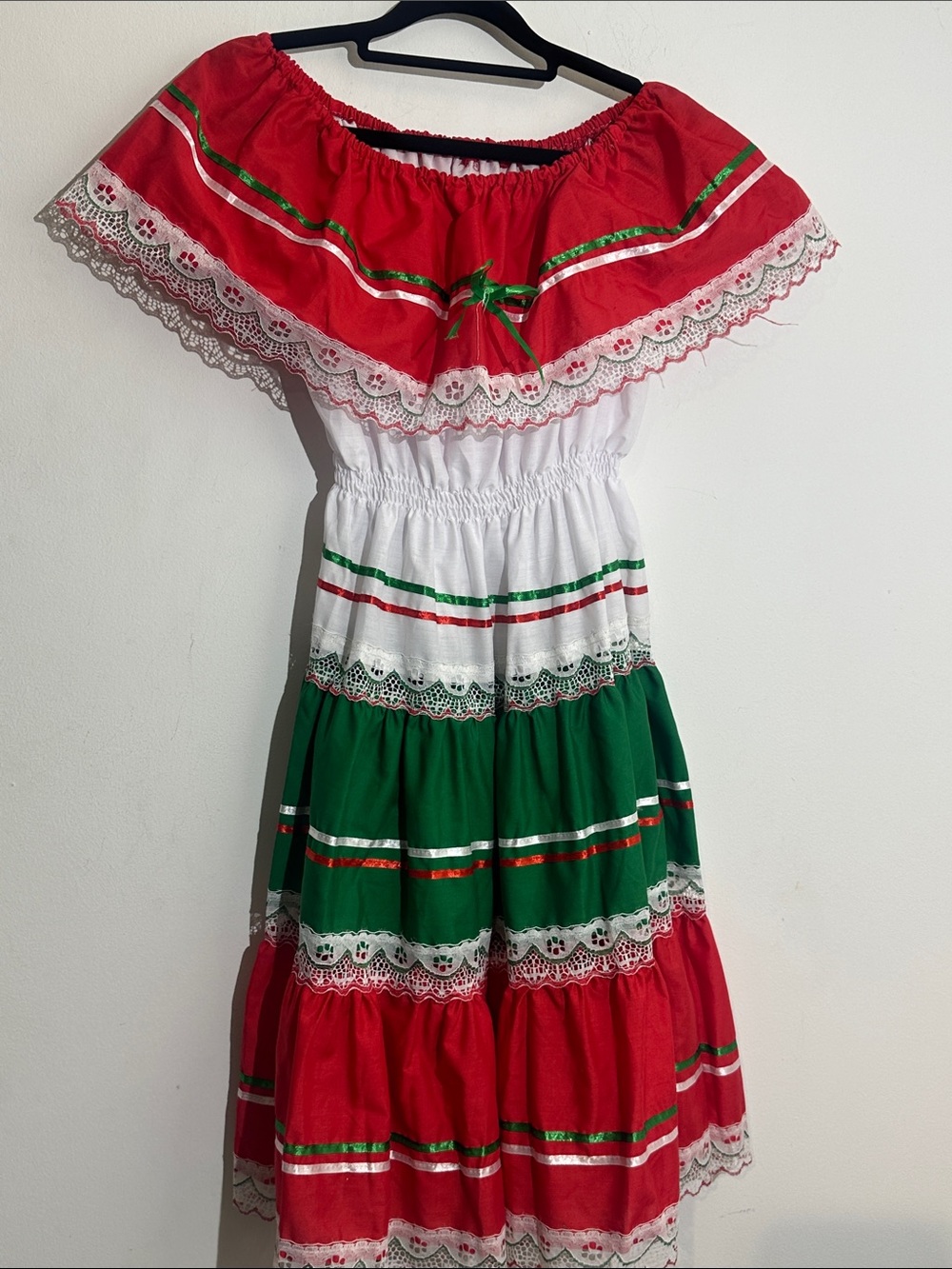 Girls' Festive Red, White & Green Off-Shoulder Tiered Dress